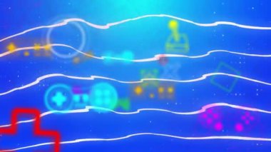 Mavi çizgiler üzerinde neon oyun ikonlarının canlandırılması. Sosyal medya, şablon ve dijital arayüz kavramı dijital olarak oluşturulmuş video.