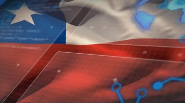 Şili bayrağı üzerinde finansal veri işleme animasyonu. Küresel finans, iş, bağlantılar, hesaplama ve veri işleme kavramı dijital olarak oluşturulmuş video.