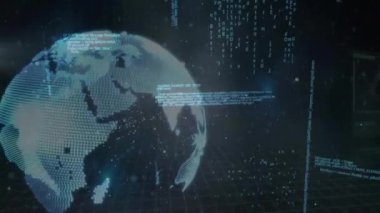 Siyah arkaplan üzerinde veri işleme ve küre animasyonu. Küresel bilim, bağlantılar, hesaplama ve veri işleme kavramı dijital olarak oluşturulmuş video.