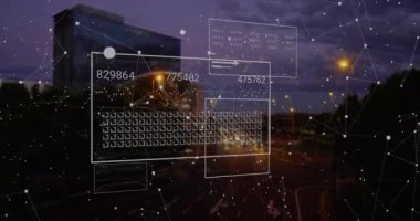 Finansal veri işlemenin animasyonu ve şehir manzarası üzerindeki bağlantı ağı. Küresel iş, finans, bilgisayar ve dijital arayüz kavramı dijital olarak oluşturulmuş video.