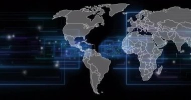 Siyah arkaplan üzerinde dünya haritası olan dijital veri işleme animasyonu. Küresel yapay zeka, bilim, bağlantılar, hesaplama ve veri işleme kavramı dijital olarak oluşturulmuş video.