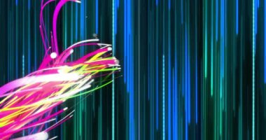 Karanlık arka planda dijital veri işleme ve parlayan bağlantı ağının animasyonu. Dijital olarak oluşturulmuş küresel bağlantılar, hesaplama ve veri işleme kavramı.