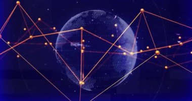 Veri işleme ve dünya üzerindeki bağlantı ağının animasyonu. Dijital olarak oluşturulmuş küresel bağlantılar, hesaplama ve veri işleme kavramı.