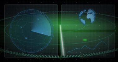 Kara zemin üzerinde veri işleme ve küreyle birlikte tarama alanının animasyonu. Küresel teknoloji, bilgisayar ve dijital arayüz kavramı dijital olarak oluşturulmuş video.