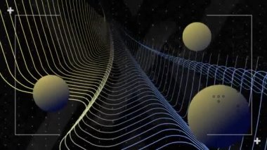 Sarı kürelerin animasyonu ve siyah arkaplanda bağlantılar. Dijital arayüz, iletişim, hesaplama ve veri işleme kavramı dijital olarak oluşturuldu.