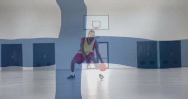 Sahadaki Afro-Amerikan basketbolcu yerine Finlandiya bayrağının canlandırılması. Küresel spor, rekabet, bağlantılar, hesaplama ve veri işleme kavramı dijital olarak oluşturulmuş video.