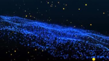 Siyah arkaplanda mavi ağ üzerinde hareket eden parlak ışık lekelerinin animasyonu. Renk, şekil, ışık ve hareket konsepti dijital olarak oluşturulmuş video.