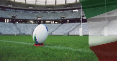 Stadyumun üzerinde duran rugby topunun üzerinde İtalya bayrağı animasyonu. Spor, vatanseverlik ve dijital arayüz konsepti dijital olarak oluşturulmuş video.