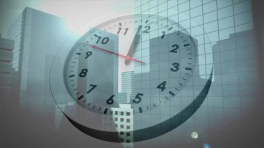Şehrin üzerinde hareket eden saatin animasyonu. Zaman, iş ve dijital arayüz kavramı dijital olarak oluşturulmuş video.