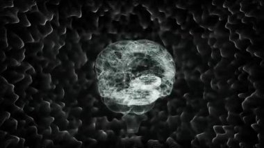 Siyah arka plandaki şekiller üzerinden dijital beynin animasyonu. Küresel bilim, teknoloji ve dijital arayüz kavramı dijital olarak oluşturulmuş video.