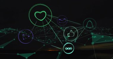 Siyah arkaplandaki simgelerle bağlantı ağının animasyonu. Küresel teknoloji, hesaplama, bağlantılar ve dijital arayüz konsepti dijital olarak oluşturulmuş video.