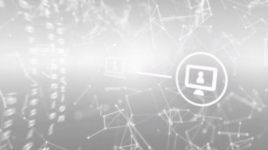 Gri arkaplanda veri işleme üzerine simgelerle bağlantı ağının animasyonu. Küresel teknoloji, hesaplama, bağlantılar ve dijital arayüz konsepti dijital olarak oluşturulmuş video.