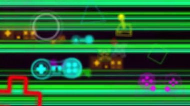 Neon video oyunu öğelerinin animasyonu siyah arkaplan üzerinde hareket ediyor. Küresel video oyunu, dijital arayüz, iletişim, bilgisayar ve veri işleme kavramı dijital olarak oluşturuldu.