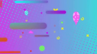 Mavi arka planda hareket eden renkli şekillerin canlandırması. Renkler, desen ve dijital arayüz konsepti dijital olarak oluşturulmuş video.