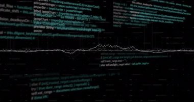 Siyah arkaplan üzerindeki veri işleme ve diyagramlarının animasyonu. Teknoloji, iş ve dijital arayüz kavramı dijital olarak oluşturulmuş video.