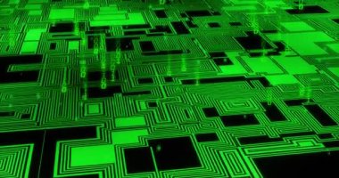 Devre kartında dijital veri işleme ikili kodlamasının animasyonu. Dijital olarak oluşturulmuş küresel yapay zeka, bağlantılar, hesaplama ve veri işleme kavramı.