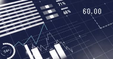 Karanlık arka planda finansal veri işleme animasyonu. Küresel finans, iş, bağlantılar, hesaplama ve veri işleme kavramı dijital olarak oluşturulmuş video.