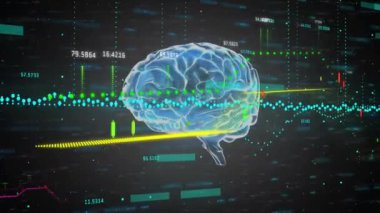 Veri işleme ve beyin üzerindeki diyagramların animasyonu. Teknoloji, bilim ve dijital arayüz kavramı dijital olarak oluşturulmuş video.