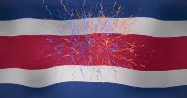 Costa Rica bayrağı üzerinde patlayan havai fişek animasyonu. Spor, kazanma ve kutlama konsepti dijital olarak oluşturulmuş video.