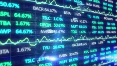 Siyah arka planda finansal veri işleme animasyonu. Küresel iş, finans, bilgisayar ve dijital arayüz kavramı dijital olarak oluşturulmuş video.