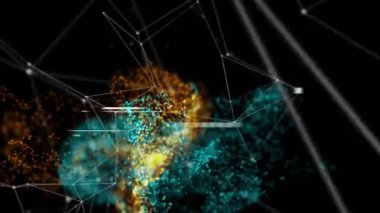 Beyaz şekiller ve siyah arkaplanda ışık noktaları üzerinden bağlantı ağının animasyonu. Desen, şekiller, arkaplan, ışık ve dijital arayüz kavramı dijital olarak oluşturulmuş video.