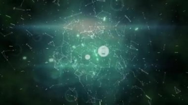 Siyah arkaplandaki simgelerle bağlantı ağının animasyonu. Küresel teknoloji, hesaplama, bağlantılar ve dijital arayüz konsepti dijital olarak oluşturulmuş video.