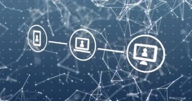 Gri arkaplan üzerindeki simgelerle bağlantı ağının animasyonu. Dijital olarak oluşturulmuş küresel bağlantılar, hesaplama ve veri işleme kavramı.