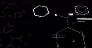 Siyah arkaplan üzerinde bilimsel veri işleme animasyonu. Küresel bilim, bağlantılar, hesaplama ve veri işleme kavramı dijital olarak oluşturulmuş video.