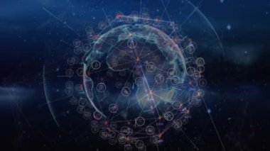 Dünya üzerindeki simgelerle bağlantı ağının animasyonu. Dijital olarak oluşturulmuş küresel bağlantılar, hesaplama ve veri işleme kavramı.