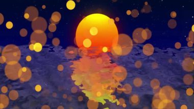 Dijital deniz üzerinde ışık noktaları ve siyah zemin üzerinde güneş animasyonu. Desen, şekiller, arkaplan, ışık ve dijital arayüz kavramı dijital olarak oluşturulmuş video.