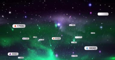 Gece gökyüzündeki yıldızların üzerinde dijital simgelerin ve veri işlemenin animasyonu. Dijital olarak oluşturulmuş küresel sosyal medya, bağlantılar, hesaplama ve veri işleme kavramı.