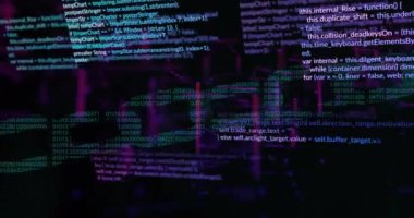 Siyah arkaplan üzerinde dijital veri işleme animasyonu. Dijital olarak oluşturulmuş küresel bağlantılar, hesaplama ve veri işleme kavramı.