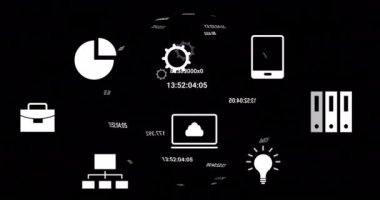 Finansal veri işleme ve siyah arkaplan üzerindeki simgelerin canlandırılması. Küresel finans, iş, bağlantılar, hesaplama ve veri işleme kavramı dijital olarak oluşturulmuş video.