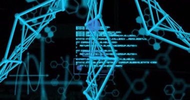 Siyah zemin üzerinde bağlantı ağı ve veri işleme ağı ile kimyasal formülün animasyonu. Küresel bilim, bilgisayar ve dijital arayüz kavramı dijital olarak oluşturulmuş video.