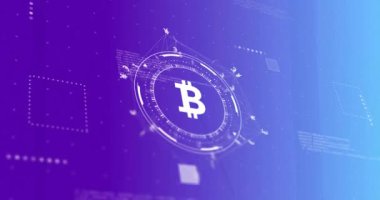 Bitcoin ve veri işleme animasyonları siyah arka planda. Küresel kripto para birimi, iş dünyası, bağlantılar, hesaplama ve veri işleme kavramı dijital olarak oluşturulmuş video.