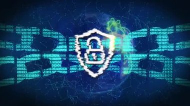 İkili kodlama ve küre zincirinin üzerindeki asma kilit animasyonu. Güvenlik, teknoloji ve dijital arayüz kavramı dijital olarak oluşturuldu.