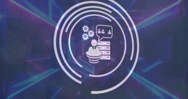 Siyah arka planda dijital tünel üzerinde teknoloji simgelerinin canlandırılması. Küresel teknoloji, bilgisayar ve dijital arayüz kavramı dijital olarak oluşturulmuş video.