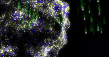 Dijital veri işleme ikili kodlamasının siyah arkaplanda yüzen ağ üzerinde canlandırılması. Dijital olarak oluşturulmuş küresel yapay zeka, bağlantılar, hesaplama ve veri işleme kavramı.