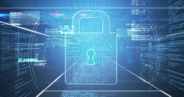 Siyah arkaplanda tarama ve veri işleme ile asma kilit simgesinin animasyonu. Küresel teknoloji, bilgisayar, çevrimiçi güvenlik ve dijital arayüz kavramı dijital olarak oluşturulmuş video.