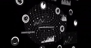 Finansal veri işleme ve kara arkaplan üzerindeki dünyanın animasyonu. Küresel finans, iş, bağlantılar, hesaplama ve veri işleme kavramı dijital olarak oluşturulmuş video.