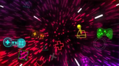 Siyah arkaplandaki ışık yollarının üzerindeki oyun simgelerinin canlandırılması. Şekiller, ışık, hareket ve dijital arayüz konsepti dijital olarak oluşturulmuş video.