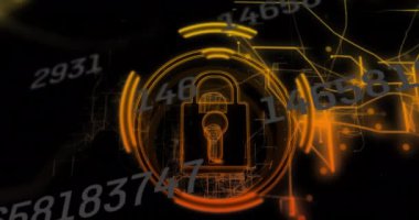 Siyah arkaplanda bağlantı ağı olan asma kilit simgesi üzerinde veri işleme animasyonu. Küresel teknoloji, bilgisayar ve dijital arayüz kavramı dijital olarak oluşturulmuş video.