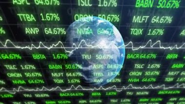 Finansal veri işleme animasyonu siyah arka planda dünya çapında. Küresel iş, finans, bilgisayar ve dijital arayüz kavramı dijital olarak oluşturulmuş video.