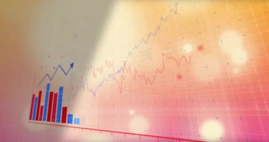 İstatistikler üzerinden dijital veri işleme animasyonu. Dijital olarak oluşturulmuş küresel bağlantılar, hesaplama ve veri işleme kavramı.