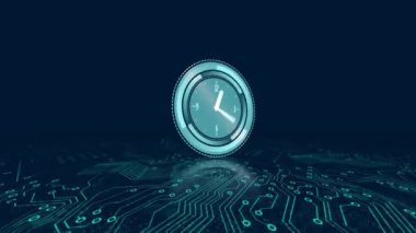 Siyah arkaplandaki bilgisayar devre kartının üzerinde hareket eden saatin animasyonu. Küresel teknoloji, hesaplama, zaman ve dijital arayüz kavramı dijital olarak oluşturulmuş video.