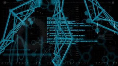 Siyah arkaplandaki bağlantı ağı üzerinden finansal veri işleme animasyonu. Küresel iş, finans, bilgisayar ve dijital arayüz kavramı dijital olarak oluşturulmuş video.