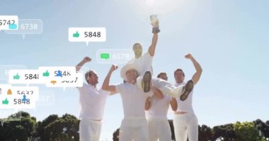 Çeşitli erkek kriket oyuncularının kutlamaları üzerine artan sayılarla sosyal medya simgelerinin canlandırılması. Dijital olarak oluşturulmuş küresel sosyal medya, spor, iletişim ve dijital arayüz kavramı.