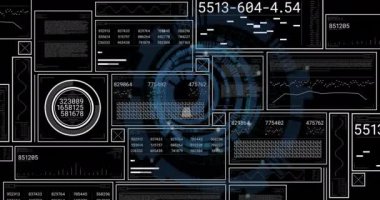 Siyah arkaplan üzerinde dijital veri işleme animasyonu. Küresel yapay zeka, bilim, bağlantılar, hesaplama ve veri işleme kavramı dijital olarak oluşturulmuş video.