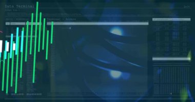Sunucu odasındaki veri işleme ve diyagramlarının animasyonu. Teknoloji ve dijital arayüz kavramı dijital olarak oluşturuldu.