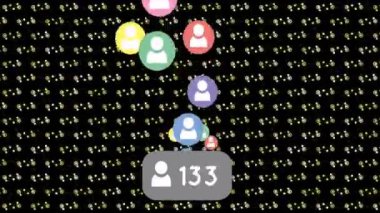 Siyah arkaplanda insanların simgeleri ve dijital veri işleme kalıbının canlandırılması. Dijital olarak oluşturulmuş küresel sosyal medya, bağlantılar, hesaplama ve veri işleme kavramı.